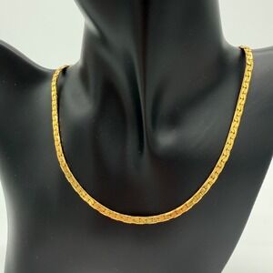 Vintage Gold Tone Herringbone Style Chain Necklace Textured Slim 18"